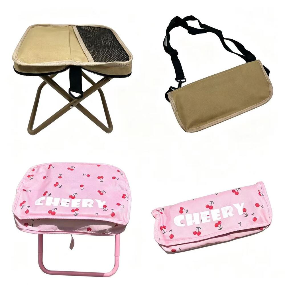 2PC Portable Foldable Camping Stool + Khaki Pink Cherry Outdoor Travel Fold Seat